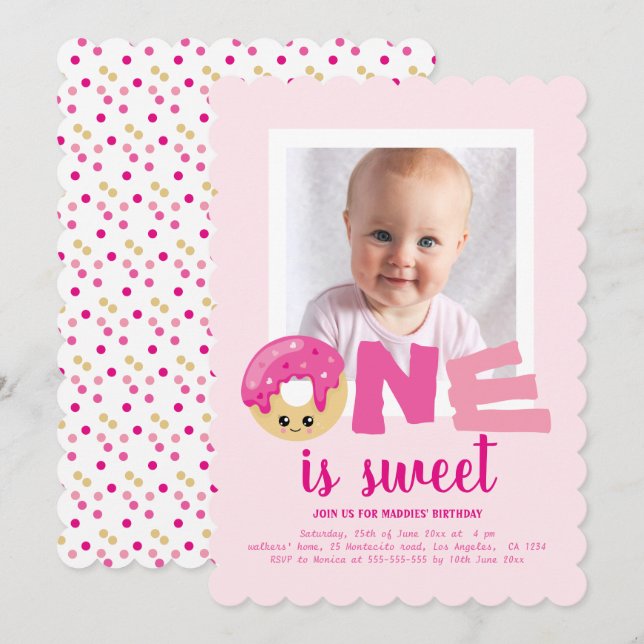One sweet Photo Pink Donut Baby First Birthday Invitation (Front/Back)