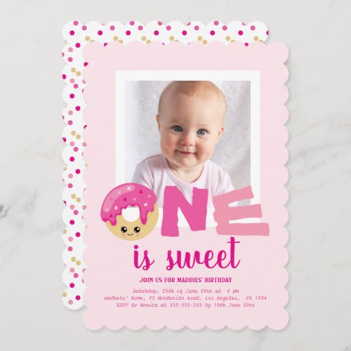 One sweet Photo Pink Donut Baby First Birthday Invitation