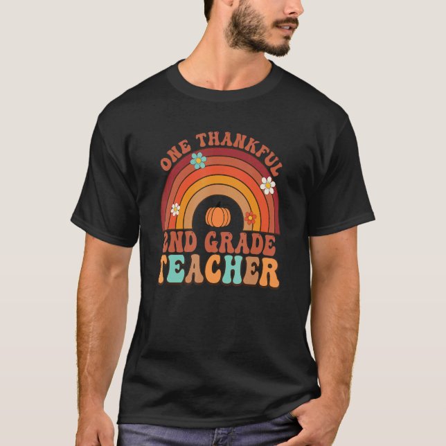 One Thankful 2nd Grade Teacher Groovy Thanksgiving T-Shirt (Front)