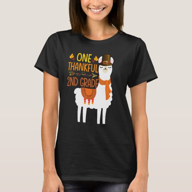 One Thankful 2nd grade Teacher Llama Thanksgiving  T-Shirt (Front)