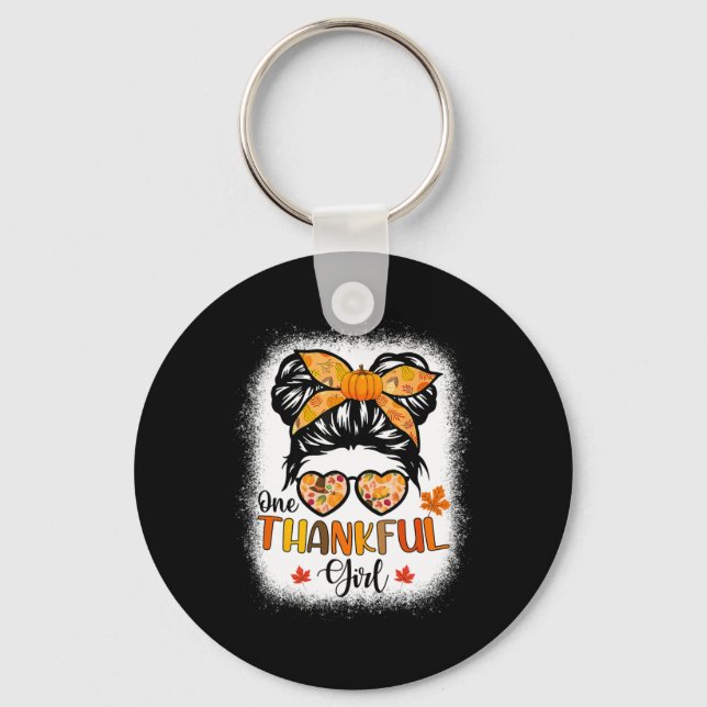 One Thankful Girl Thanksgiving Daughter Messy Bun  Keychain (Front)