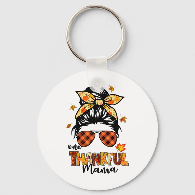 One Thankful Mama Funny Messy Bun Fall Autumn Than Keychain (Front)