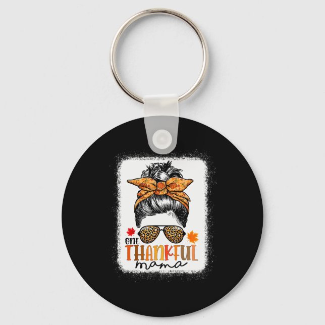 One Thankful Mama Messy Bun Leopard Mom Fall Thank Keychain (Front)