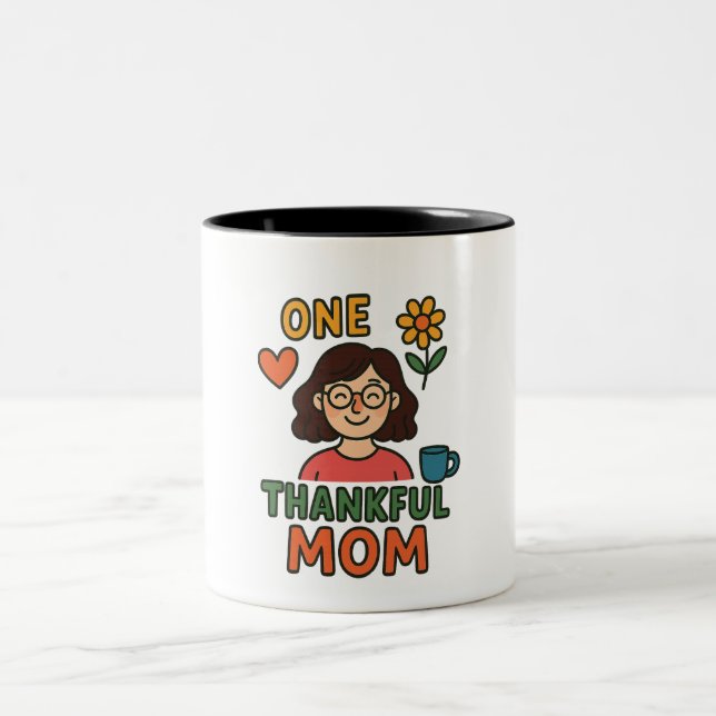 One Thankful Mom – Cute Cartoon Mother with Glasse Two-Tone Coffee Mug (Center)