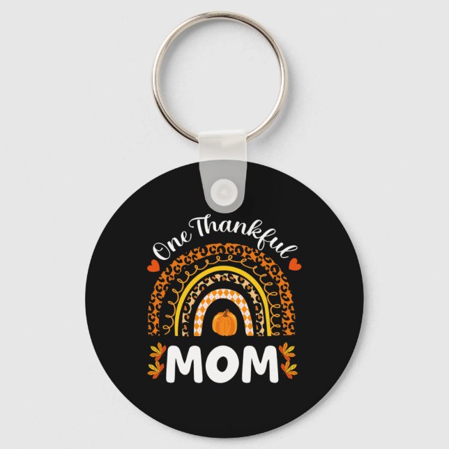 One Thankful Mom Thanksgiving Rainbow Fall Leopard Keychain (Front)