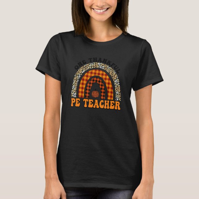 One Thankful PE Teacher Rainbow Leopard Groovy Tea T-Shirt (Front)
