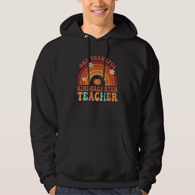 One Thankful Teacher Groovy Thanksgiving Rainnow T Hoodie (Front)
