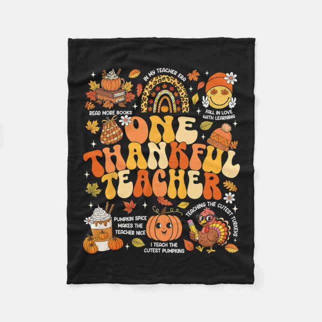 One Thankful Teacher Thanksgiving Groovy Fall Autu Fleece Blanket (Front)