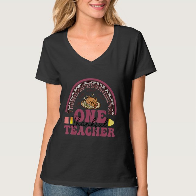 One Thankful Teacher Thanksgiving Rainbow Leopard  T-Shirt (Front)