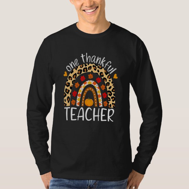 One Thankful Teacher Thanksgiving Rainbow Leopard  T-Shirt (Front)