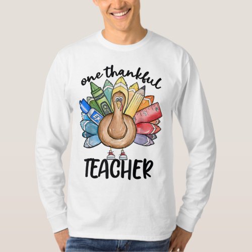 One Thankful Teacher Thanksgiving Turkey Cute Cra T_Shirt