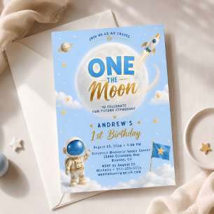 One The Moon Astronaut Birthday Party Blue & Gold  Invitation