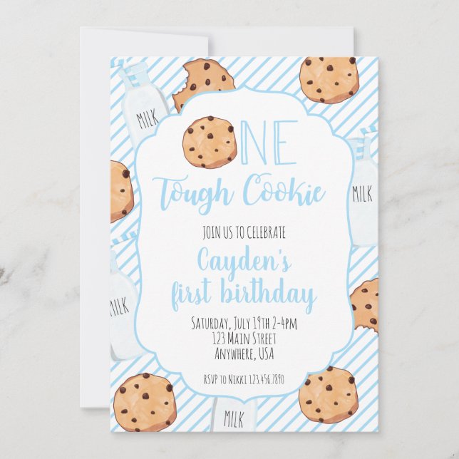 One Tough Cookie Blue first Birthday Invitation (Front)