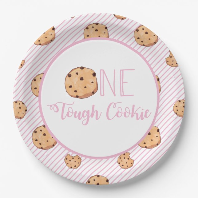 One Tough Cookie cookies and Pink stripes Birthday Paper Plates (Front)