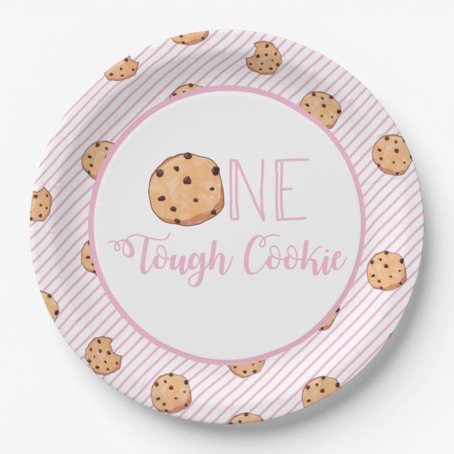 One Tough Cookie cookies and Pink stripes Birthday Paper Plates (Front)