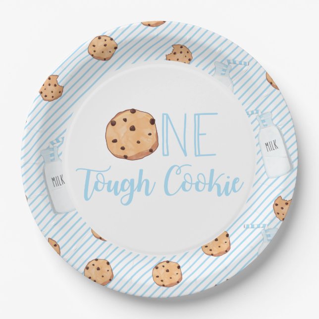 One Tough Cookie Milk and Cookies blue Birthday Paper Plates (Front)