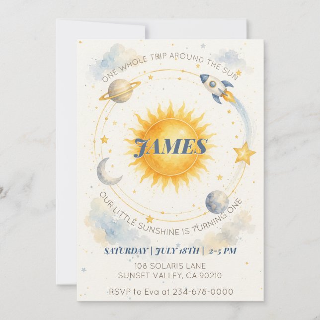 One Trip Around the Sun Celestial Boy Birthday Invitation (Front)