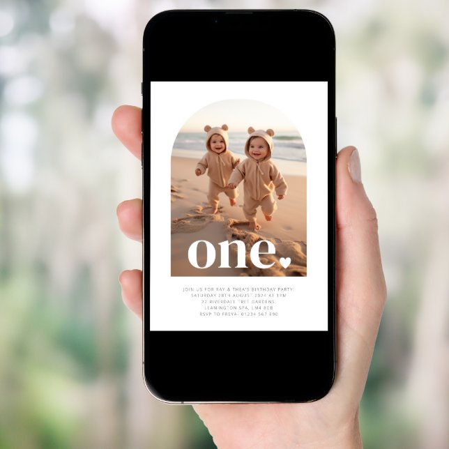 One Twin Girls - Heart Arched Photo First Birthday Invitation (Front Digital)