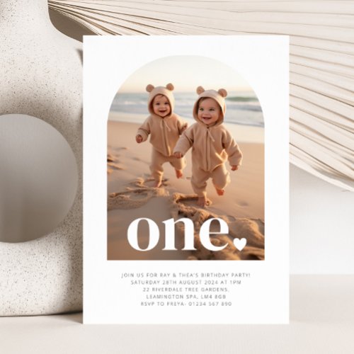 One Twin Girls _ Heart Arched Photo First Birthday Invitation