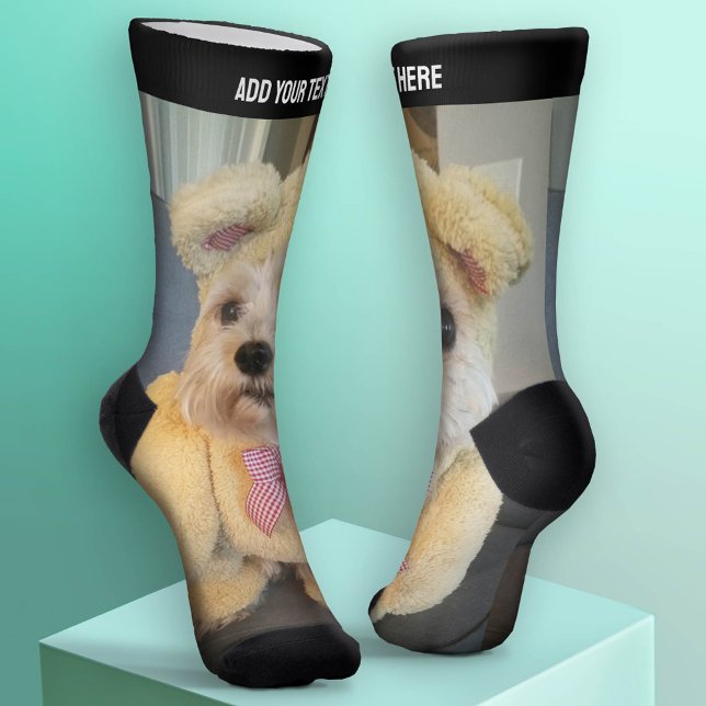 One Vertical Photo and Text on Top - Same on Each Socks (Custom Socks - Add Your Photo Collage)