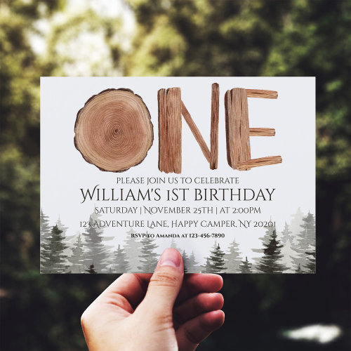 One Watercolor Forest Wood 1st Birthday  Invitation