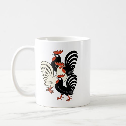 One white and two black roosters  coffee mug