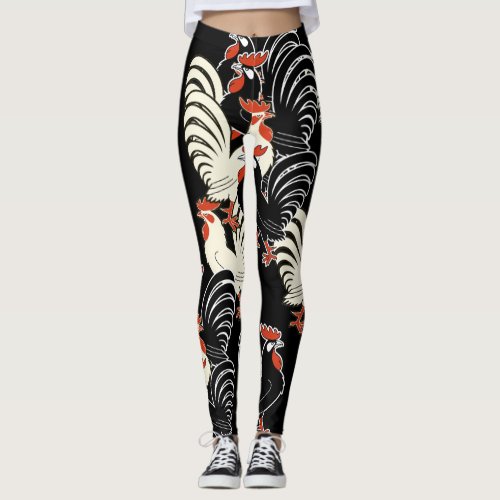 One white and two black roosters  leggings