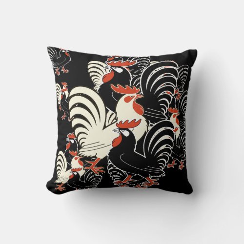 One white and two black roosters  throw pillow