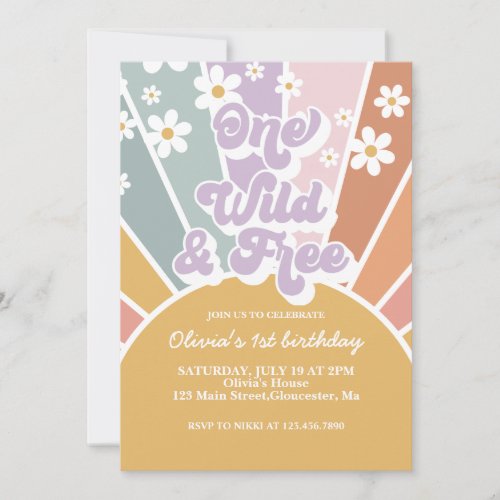 One Wild and Free Retro Sunshine Rainbow Daisy Inv Invitation