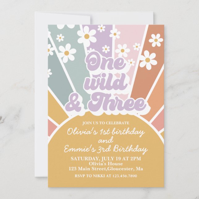 One Wild and three Retro Sunshine Rainbow Daisy Invitation (Front)