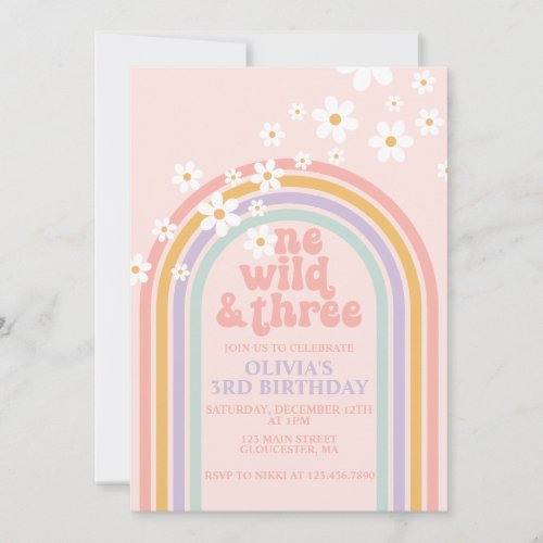 One Wild Three Pastel rainbow birthday Invitation