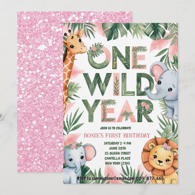One Wild Year 1st Birthday Invitation  (Front/Back)