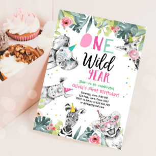 One Wild Year Girl Birthday Party Safari Animals Invitation