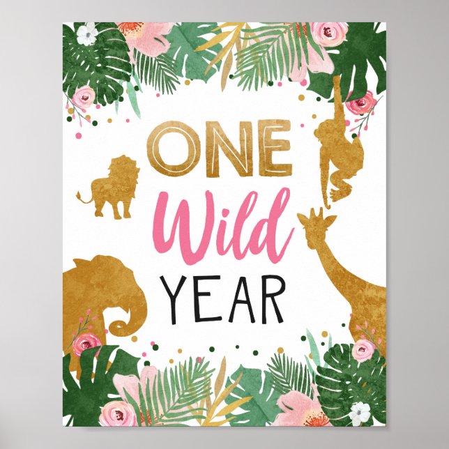 One Wild Year Safari Animals Girl Birthday Sign (Front)