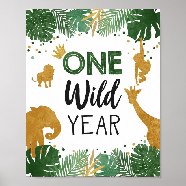 One Wild Year Safari Animals Gold First Birthday Poster (Front)