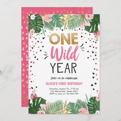 One Wild Year Safari Gold Girl First 1st Birthday Invitation