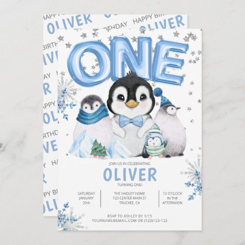 ONE Winter Penguins Boy 1st Birthday Invitation