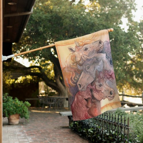 One with the Herd Watercolor Horses House Flag