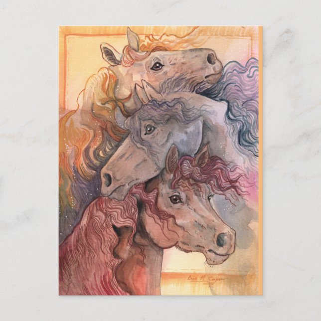 One with the Herd Watercolor Horses Postcard (Front)