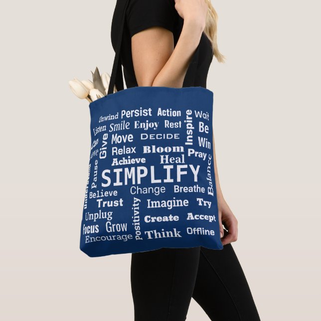 "One Word" Word Cloud On Navy Blue Tote Bag (Close Up)