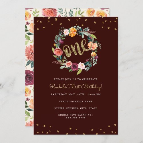 One Wreath Floral Burgundy First Birthday Invitation