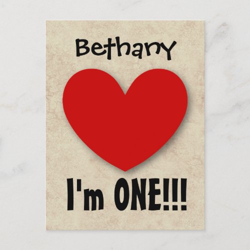 One Year 1st Birthday Big Red Heart A07E Announcement Postcard