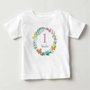 One Year Birthday Colorful Butterfly Floral Wreath Baby T-Shirt