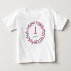 One Year Birthday Girl Pink Floral Wreath Baby Baby T-Shirt
