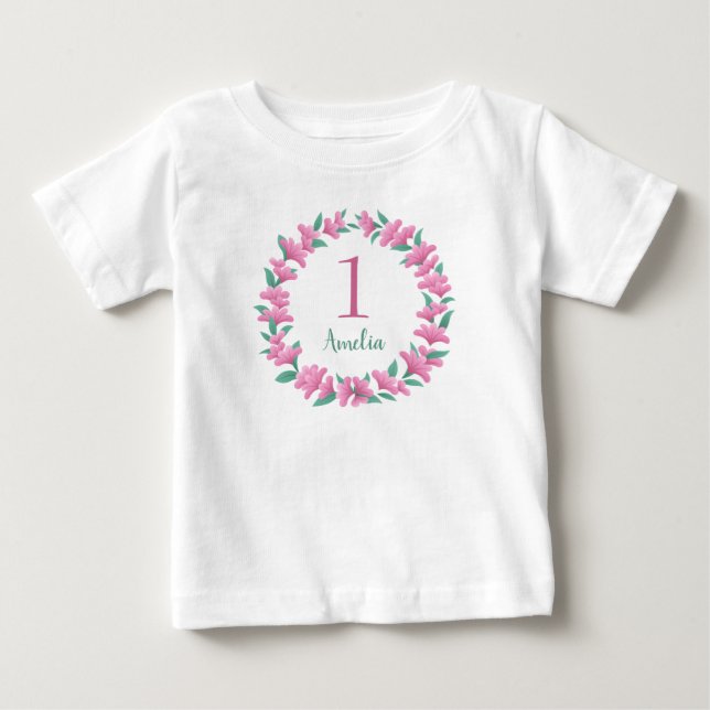 One Year Birthday Girl Pink Floral Wreath Baby  T-Shirt (Front)