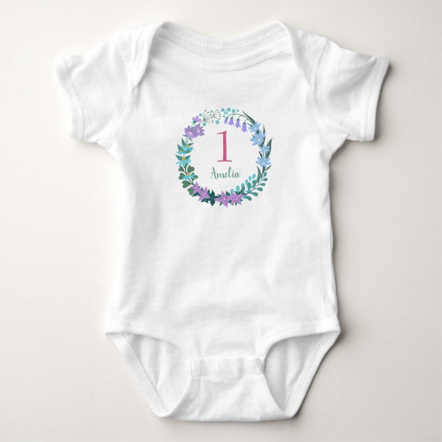 One Year Birthday Lilac Blue Floral Wreath Baby Bodysuit (Front)