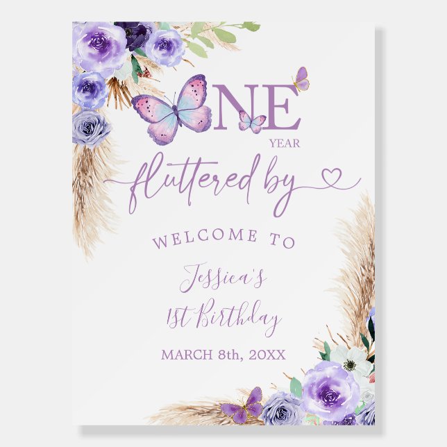 One Year Fluttered Butterfly 1st Birthday Welcome Foam Board (Front)