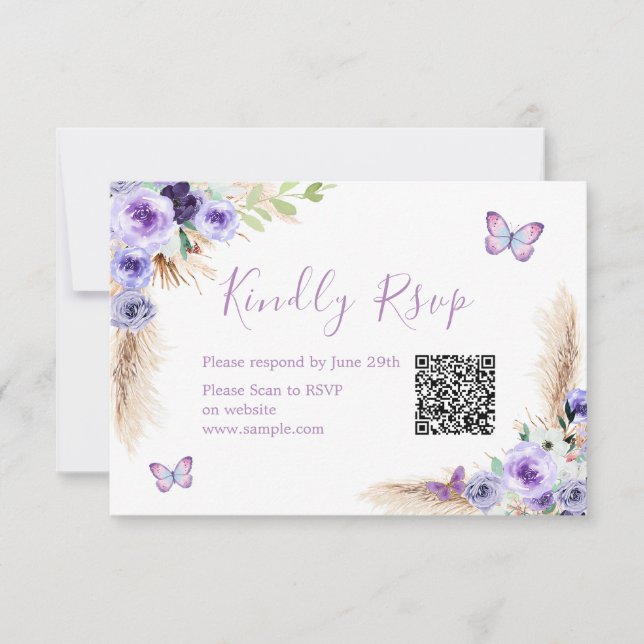One Year Fluttered Butterfly Birthday Qr Rsvp Card (Front)