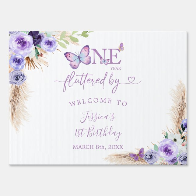 One Year Fluttered Butterfly Birthday Welcome Yard Sign (Front)