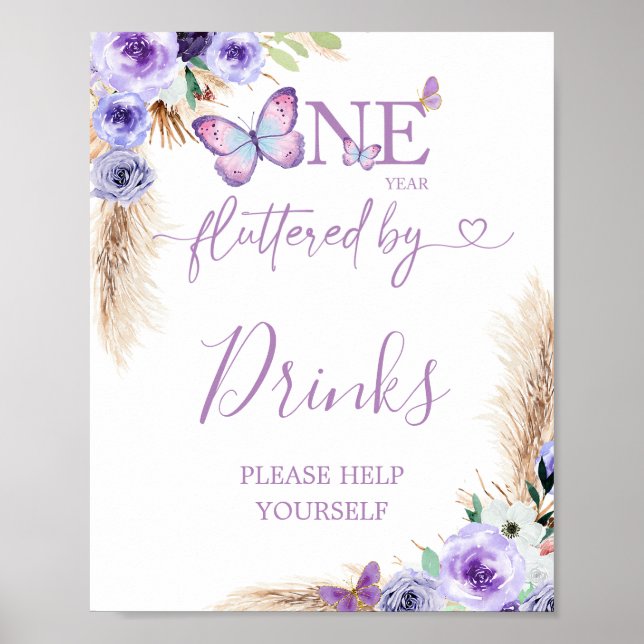 One Year Fluttered Butterfly First Birthday Drinks Poster (Front)
